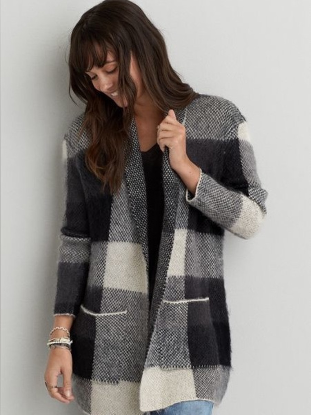 American Eagle Outfitters Black & Grey Plaid Open-Front Cardigan